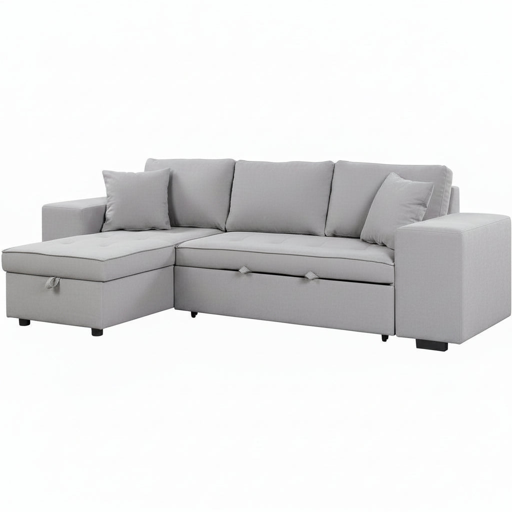 104.5 Inch Reversible Sleeper Sectional Sofa with Pull Out Bed , Convertible L Shaped Sectional Couch with Storage Chaise and 2 Stools , Tufted Upholstered Pullout Sofa Bed for Living Room Apartment