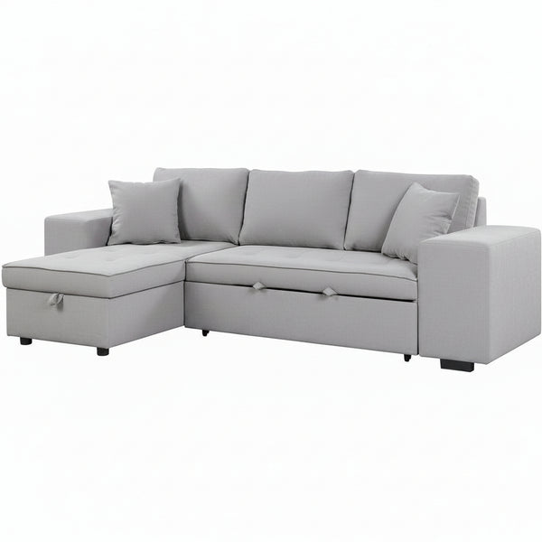 104.5 Inch Reversible Sleeper Sectional Sofa with Pull Out Bed , Convertible L Shaped Sectional Couch with Storage Chaise and 2 Stools , Tufted Upholstered Pullout Sofa Bed for Living Room Apartment