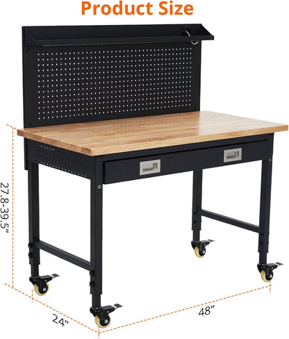 48’’X24’’ Adjustable Workbench,Workbench with Drawers,Darage Workbench with Pegboard,2000 LB Load Capacity,4 Rolling Casters, Power Outlets, Metal Frame,For Garage, Workshop, Home, Office