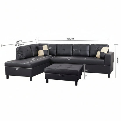 Sectional Sofa, L-Shape Faux Leather Sectional Sofa Couch Set with Chaise, Ottoman, 2 Toss Pillow Using for Living Room Furniture.（Black）