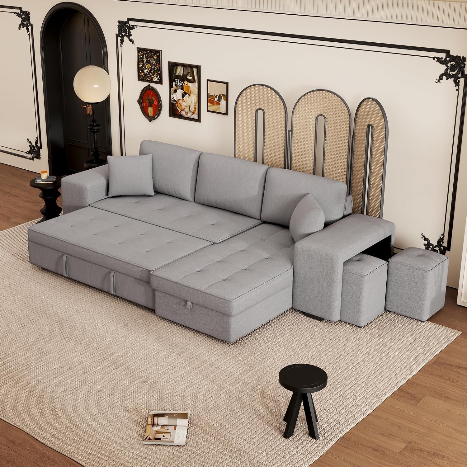 104.5 Inch Reversible Sleeper Sectional Sofa with Pull Out Bed , Convertible L Shaped Sectional Couch with Storage Chaise and 2 Stools , Tufted Upholstered Pullout Sofa Bed for Living Room Apartment