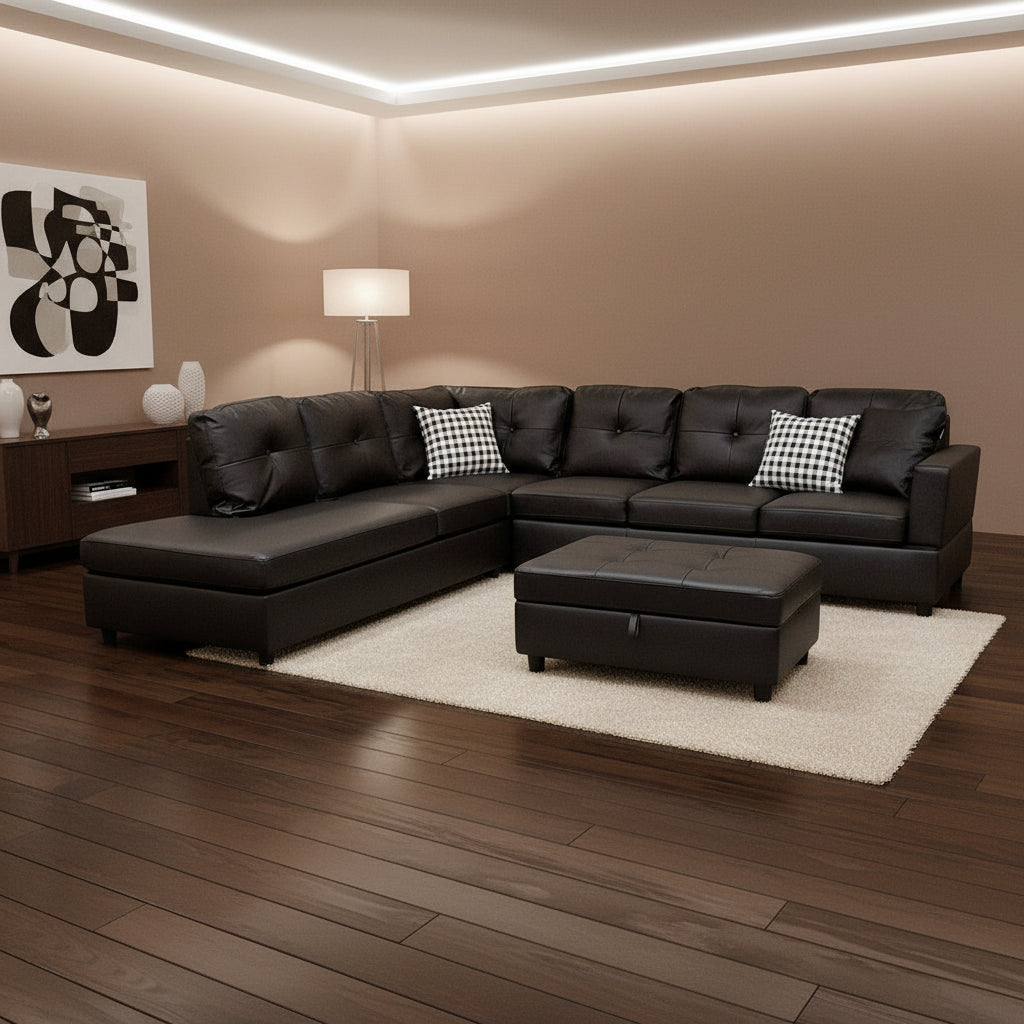 Sectional Sofa, L-Shape Faux Leather Sectional Sofa Couch Set with Chaise, Ottoman, 2 Toss Pillow Using for Living Room Furniture.（Black）