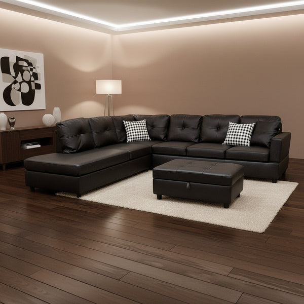 Sectional Sofa, L-Shape Faux Leather Sectional Sofa Couch Set with Chaise, Ottoman, 2 Toss Pillow Using for Living Room Furniture.（Black）