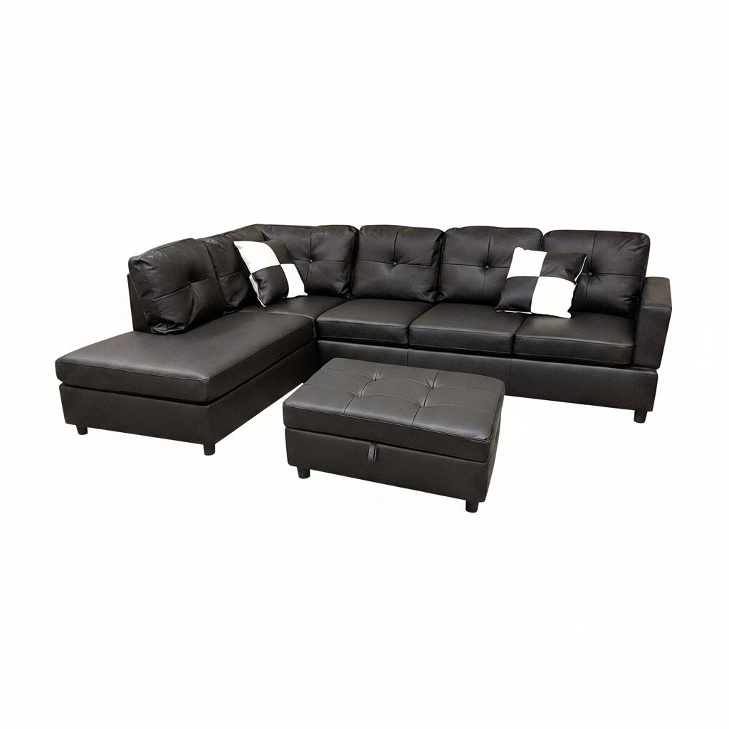 Sectional Sofa, L-Shape Faux Leather Sectional Sofa Couch Set with Chaise, Ottoman, 2 Toss Pillow Using for Living Room Furniture.（Black）