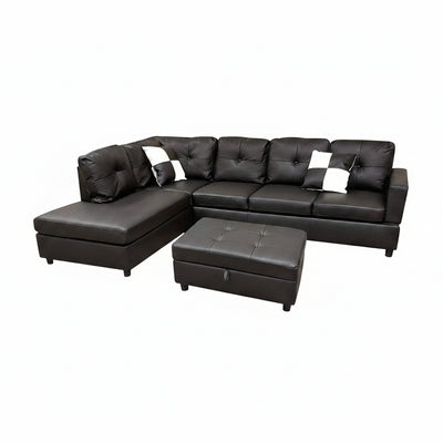 Sectional Sofa, L-Shape Faux Leather Sectional Sofa Couch Set with Chaise, Ottoman, 2 Toss Pillow Using for Living Room Furniture.（Black）