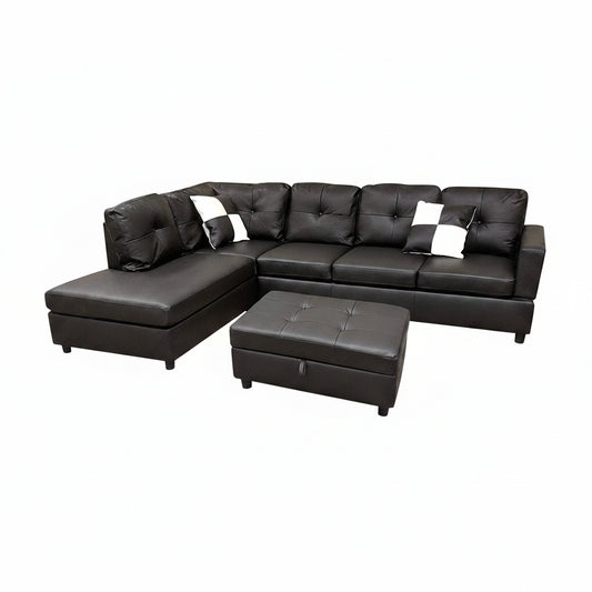 Sectional Sofa, L-Shape Faux Leather Sectional Sofa Couch Set with Chaise, Ottoman, 2 Toss Pillow Using for Living Room Furniture.（Black）