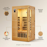 Infrared Sauna Built for Home Wellness, Canadian Hemlock Wood, Low EMF Carbon Crystal Heaters, Bluetooth & LED — infographic