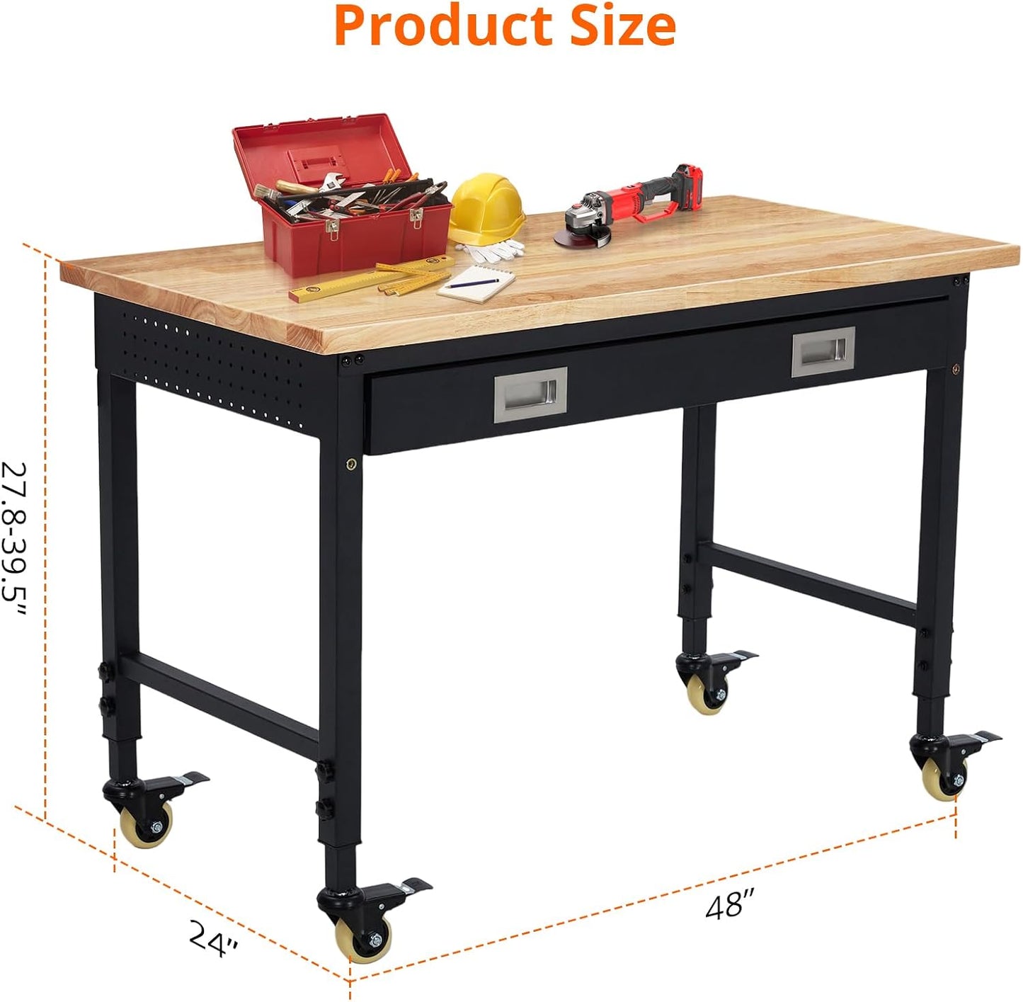 48’’X24’’ Adjustable Workbench,Workbench with Drawers,Darage Workbench with Pegboard,2000 LB Load Capacity,4 Rolling Casters, Power Outlets, Metal Frame,For Garage, Workshop, Home, Office
