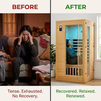2024 Upgrade 1 to 2 Person Infrared Sauna, Low EMF Infrared Sauna for Home, Indoor Sauna Room, Hemlock Wooden Far Infrared Sauna, Dry Sauna with Bluetooth Speakers, LED Reading and Chromotherapy Lamp — Before & After