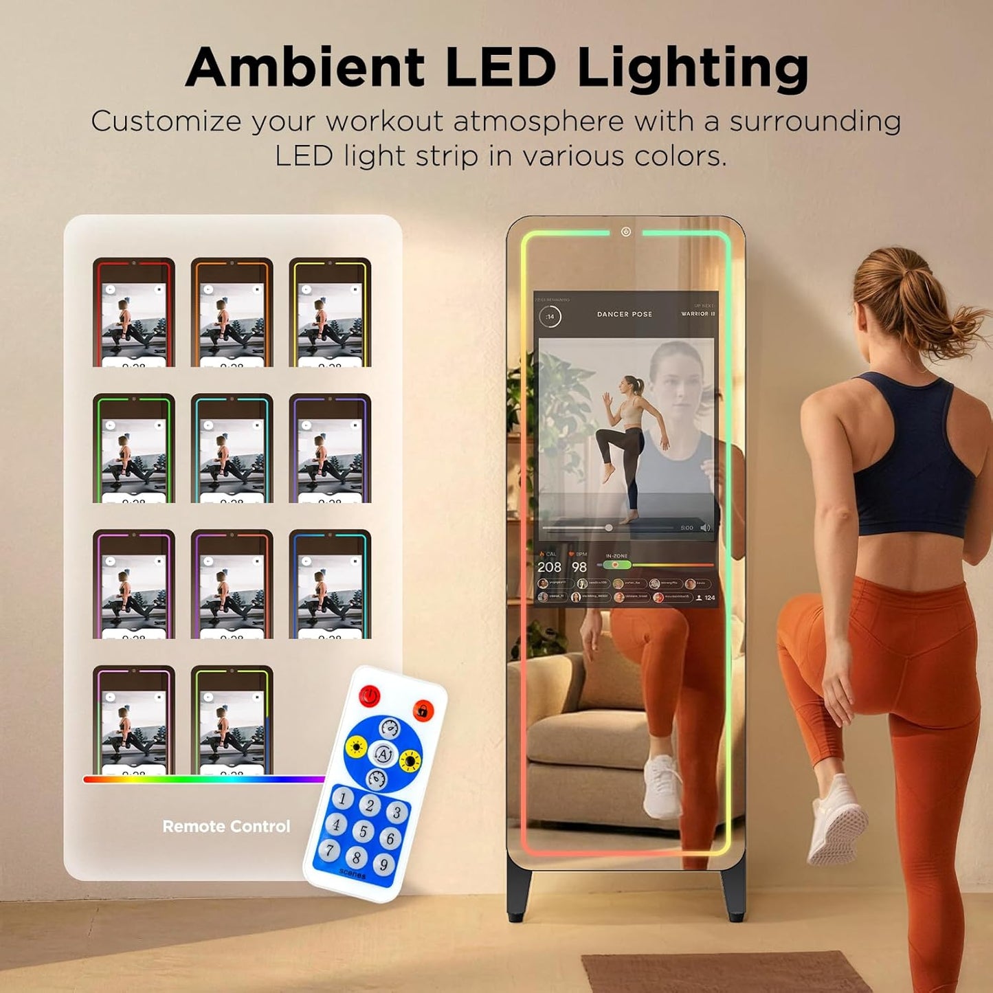 Smart Gym Mirror for Home Workouts, 32" HD Touchscreen with Android OS, 63" Full-Length Mirror, No Subscription Required, Fitness App Support, Voice Control & Music Sync LED Light Strip