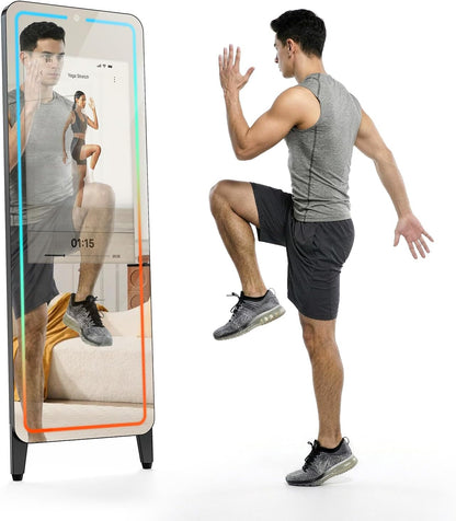 Smart Gym Mirror for Home Workouts, 32" HD Touchscreen with Android OS, 63" Full-Length Mirror, No Subscription Required, Fitness App Support, Voice Control & Music Sync LED Light Strip