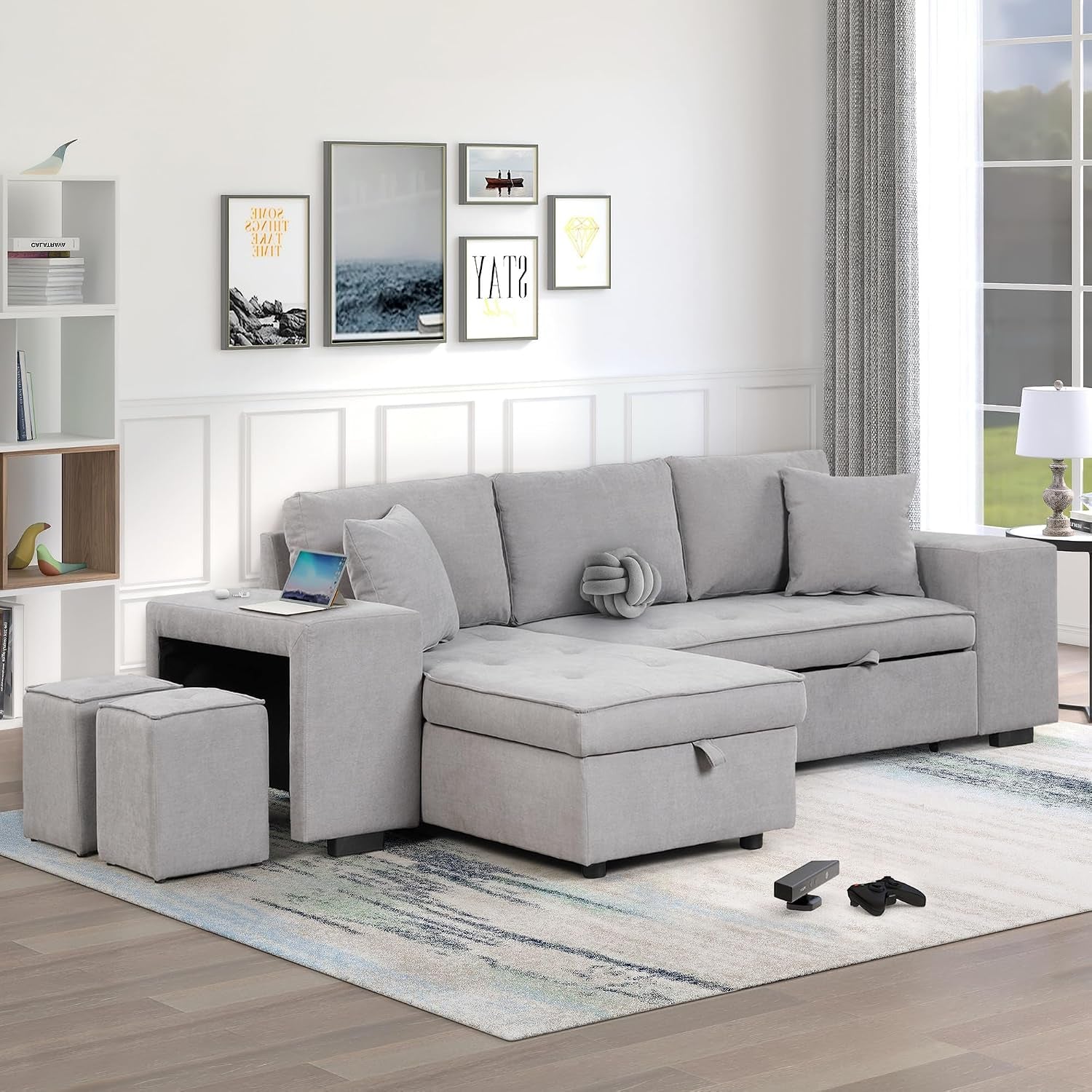 104.5 Inch Reversible Sleeper Sectional Sofa with Pull Out Bed , Convertible L Shaped Sectional Couch with Storage Chaise and 2 Stools , Tufted Upholstered Pullout Sofa Bed for Living Room Apartment