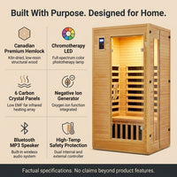 Infrared Sauna Built for Home Wellness, Canadian Hemlock Wood, Low EMF Carbon Crystal Heaters, Bluetooth & LED — Results & Stats