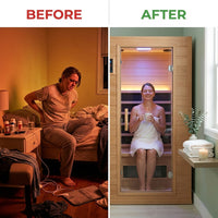 Infrared Sauna Built for Home Wellness, Canadian Hemlock Wood, Low EMF Carbon Crystal Heaters, Bluetooth & LED — Before & After