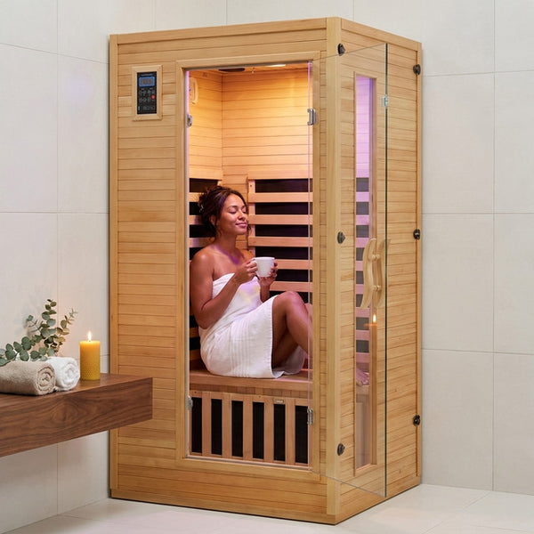 Infrared Sauna Built for Home Wellness, Canadian Hemlock Wood, Low EMF Carbon Crystal Heaters, Bluetooth & LED