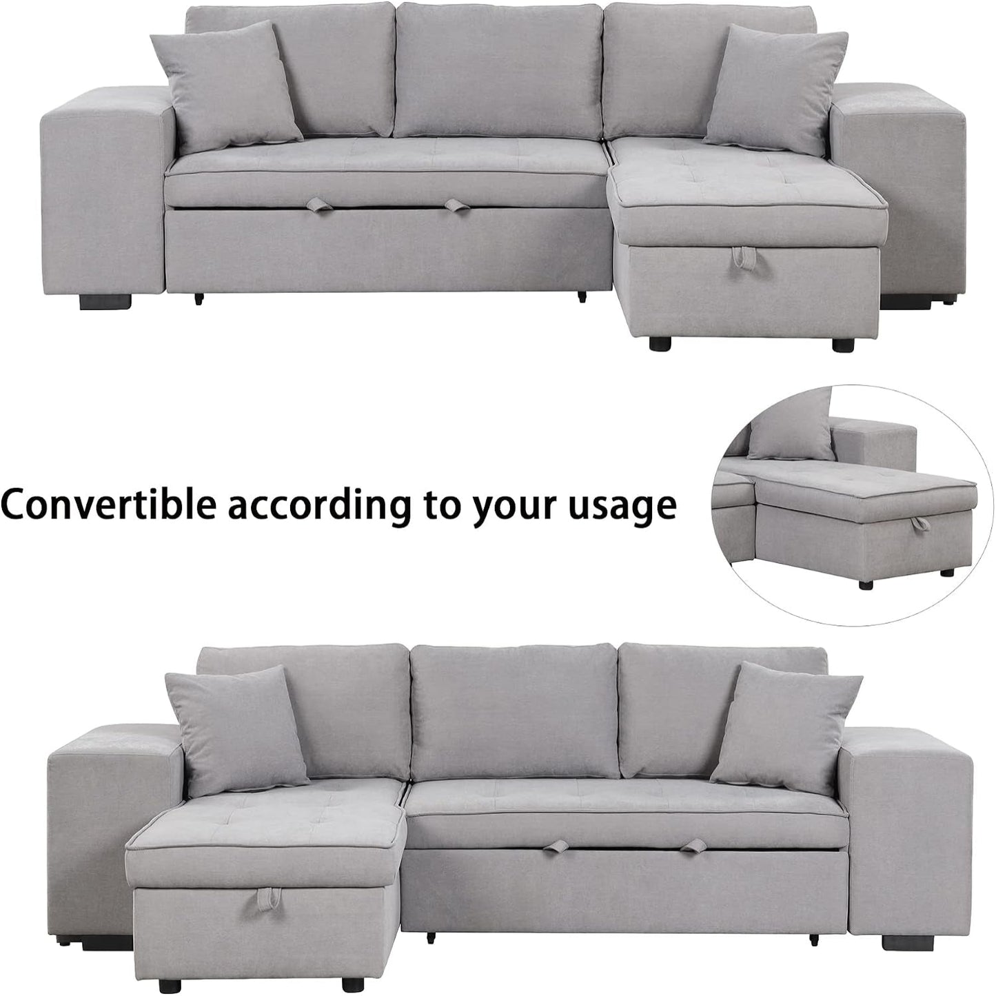 104.5 Inch Reversible Sleeper Sectional Sofa with Pull Out Bed , Convertible L Shaped Sectional Couch with Storage Chaise and 2 Stools , Tufted Upholstered Pullout Sofa Bed for Living Room Apartment