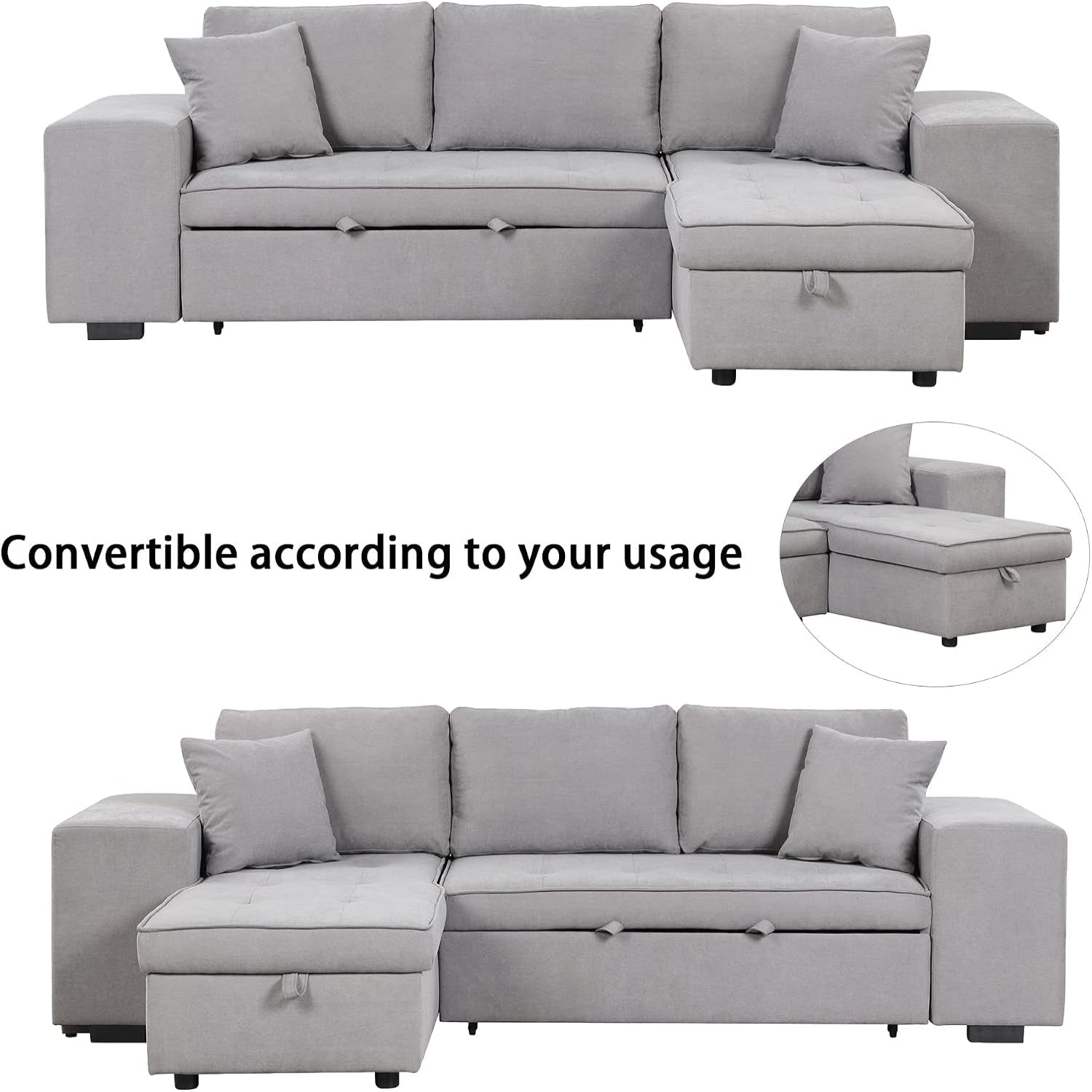 104.5 Inch Reversible Sleeper Sectional Sofa with Pull Out Bed , Convertible L Shaped Sectional Couch with Storage Chaise and 2 Stools , Tufted Upholstered Pullout Sofa Bed for Living Room Apartment