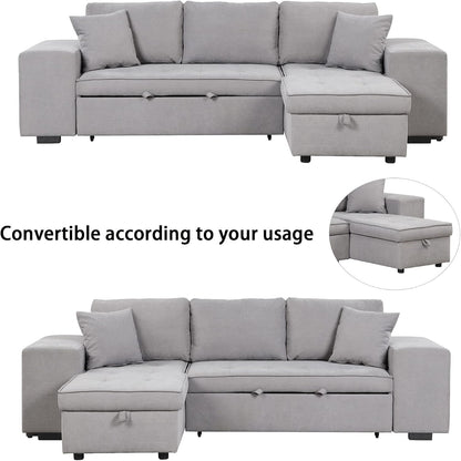 104.5 Inch Reversible Sleeper Sectional Sofa with Pull Out Bed , Convertible L Shaped Sectional Couch with Storage Chaise and 2 Stools , Tufted Upholstered Pullout Sofa Bed for Living Room Apartment