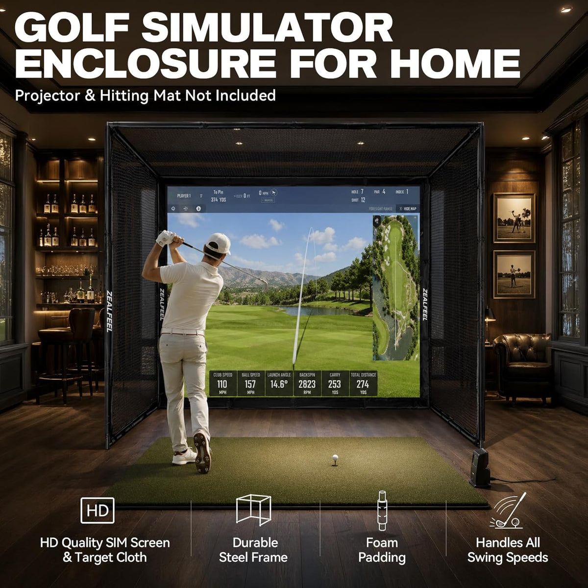 Golf Simulator Enclosure, 10 X 8 Ft/12 X 9 Ft, HD Impact Screen