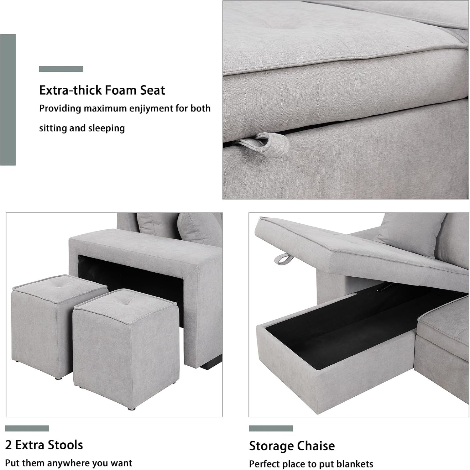 104.5 Inch Reversible Sleeper Sectional Sofa with Pull Out Bed , Convertible L Shaped Sectional Couch with Storage Chaise and 2 Stools , Tufted Upholstered Pullout Sofa Bed for Living Room Apartment