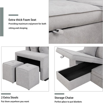 104.5 Inch Reversible Sleeper Sectional Sofa with Pull Out Bed , Convertible L Shaped Sectional Couch with Storage Chaise and 2 Stools , Tufted Upholstered Pullout Sofa Bed for Living Room Apartment