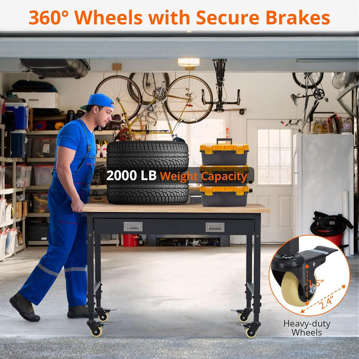 48’’X24’’ Adjustable Workbench,Workbench with Drawers,Darage Workbench with Pegboard,2000 LB Load Capacity,4 Rolling Casters, Power Outlets, Metal Frame,For Garage, Workshop, Home, Office