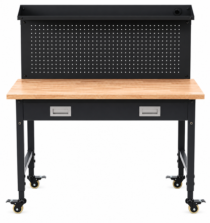 Multi-Use Solid Rubber Wood Workbench with Adjustable Height, Drawer &amp; Pegboard