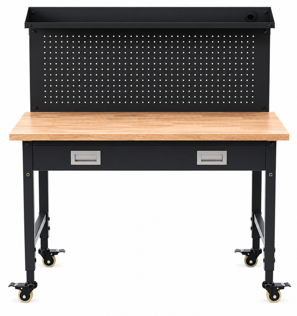 Multi-Use Solid Rubber Wood Workbench with Adjustable Height, Drawer &amp; Pegboard