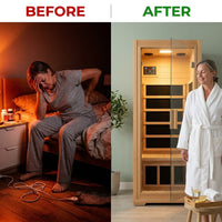 Far Infrared Sauna European Aspen Wood 1 Person Infrared Sauna for Home 905W Low EMF Mini Indoor Sauna with Bluetooth Speakers, Right Door — Before & After
