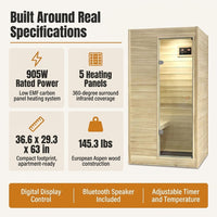 Far Infrared Sauna European Aspen Wood 1 Person Infrared Sauna for Home 905W Low EMF Mini Indoor Sauna with Bluetooth Speakers, Right Door — Results & Stats
