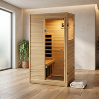 Far Infrared Sauna European Aspen Wood 1 Person Infrared Sauna for Home 905W Low EMF Mini Indoor Sauna with Bluetooth Speakers, Right Door — Studio Shot