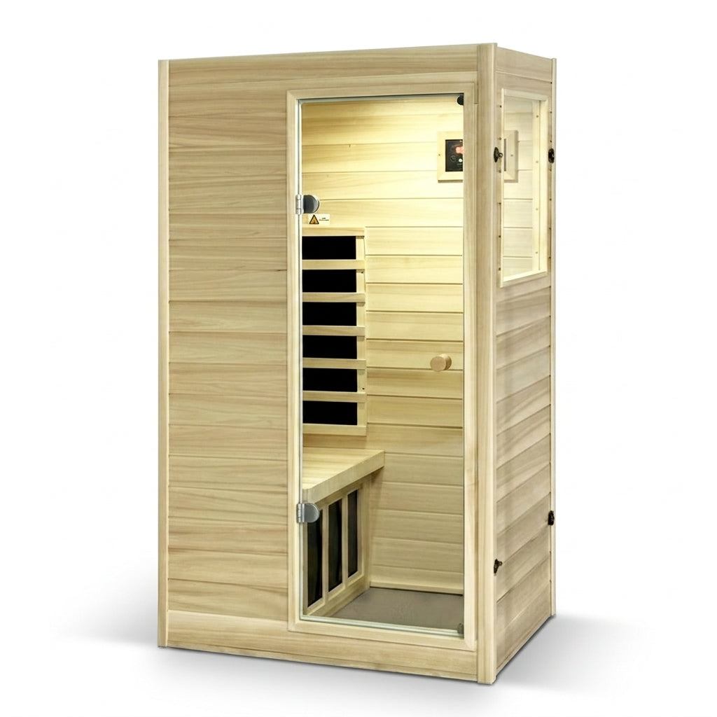 Far Infrared Sauna European Aspen Wood 1 Person Infrared Sauna for Home 905W Low EMF Mini Indoor Sauna with Bluetooth Speakers, Right Door — Studio Shot
