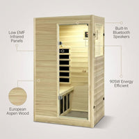 Far Infrared Sauna European Aspen Wood 1 Person Infrared Sauna for Home 905W Low EMF Mini Indoor Sauna with Bluetooth Speakers, Right Door — infographic