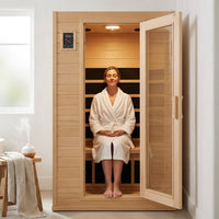Far Infrared Sauna European Aspen Wood 1 Person Infrared Sauna for Home 905W Low EMF Mini Indoor Sauna with Bluetooth Speakers, Right Door — Lifestyle