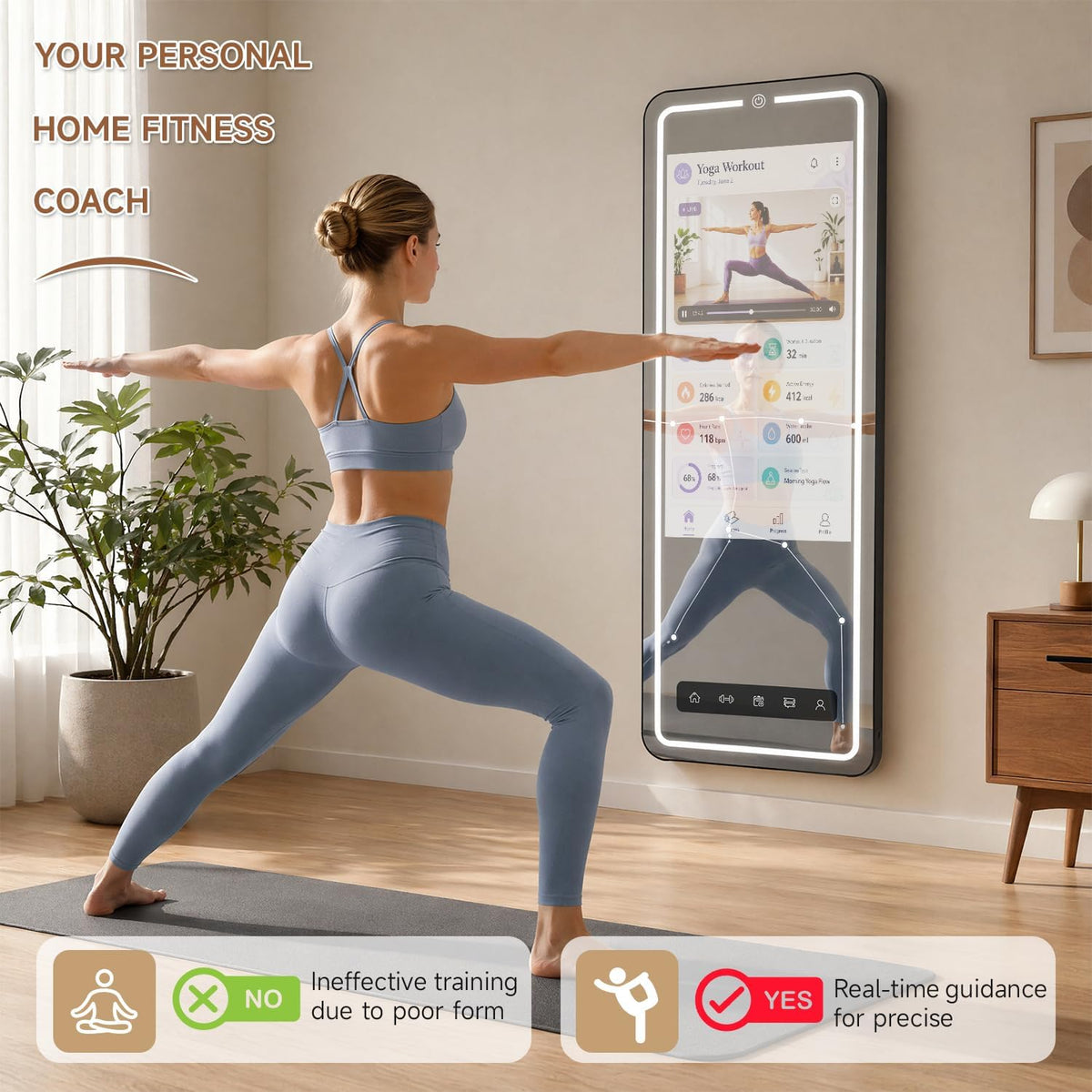 Smart Fitness Mirror for Home Gym Workout, 32" Touchscreen & Open System, No Subscription Fees, Support Fitness Apps, Wall Mount & Free Standing, Can Be Used with Home Workout Equipment