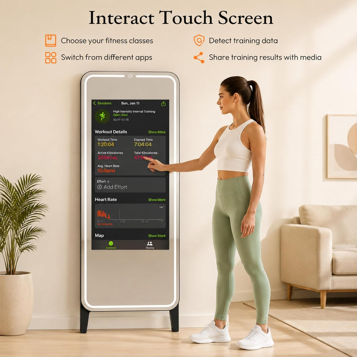 Smart Gym Mirror with 32 Inch FHD Touchscreen, Full-Length Fitness Mirror