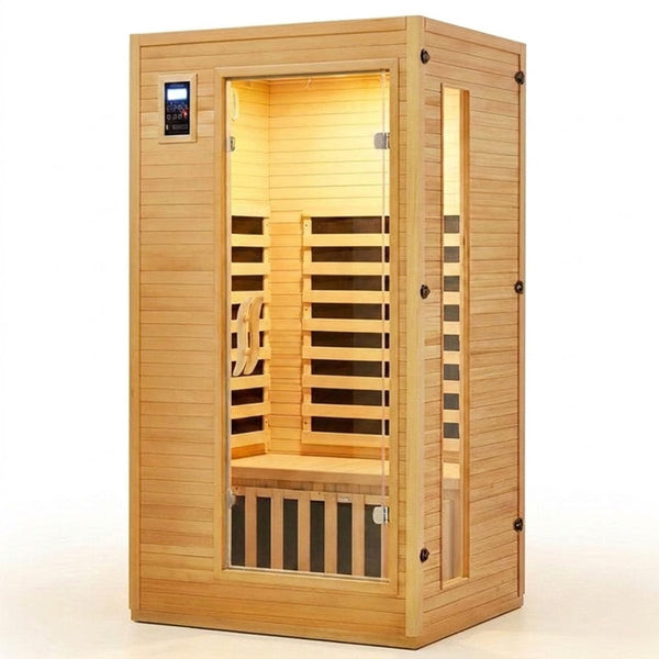 Infrared Sauna Built for Home Wellness, Canadian Hemlock Wood, Low EMF Carbon Crystal Heaters, Bluetooth & LED — Studio Shot