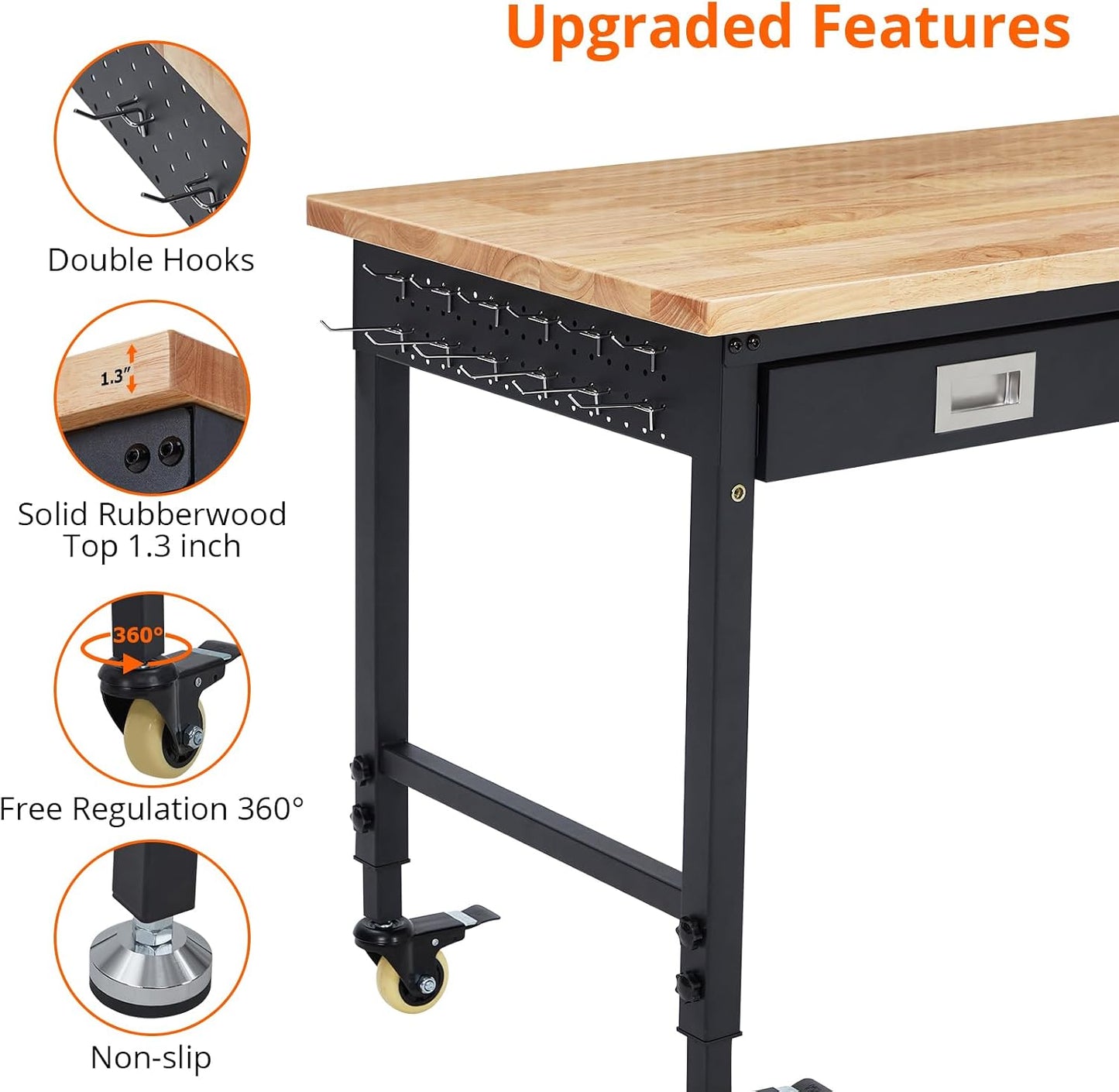 48’’X24’’ Adjustable Workbench,Workbench with Drawers,Darage Workbench with Pegboard,2000 LB Load Capacity,4 Rolling Casters, Power Outlets, Metal Frame,For Garage, Workshop, Home, Office