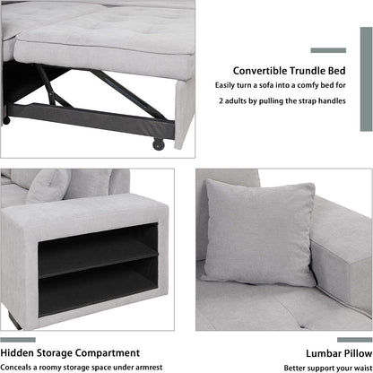 104.5 Inch Reversible Sleeper Sectional Sofa with Pull Out Bed , Convertible L Shaped Sectional Couch with Storage Chaise and 2 Stools , Tufted Upholstered Pullout Sofa Bed for Living Room Apartment