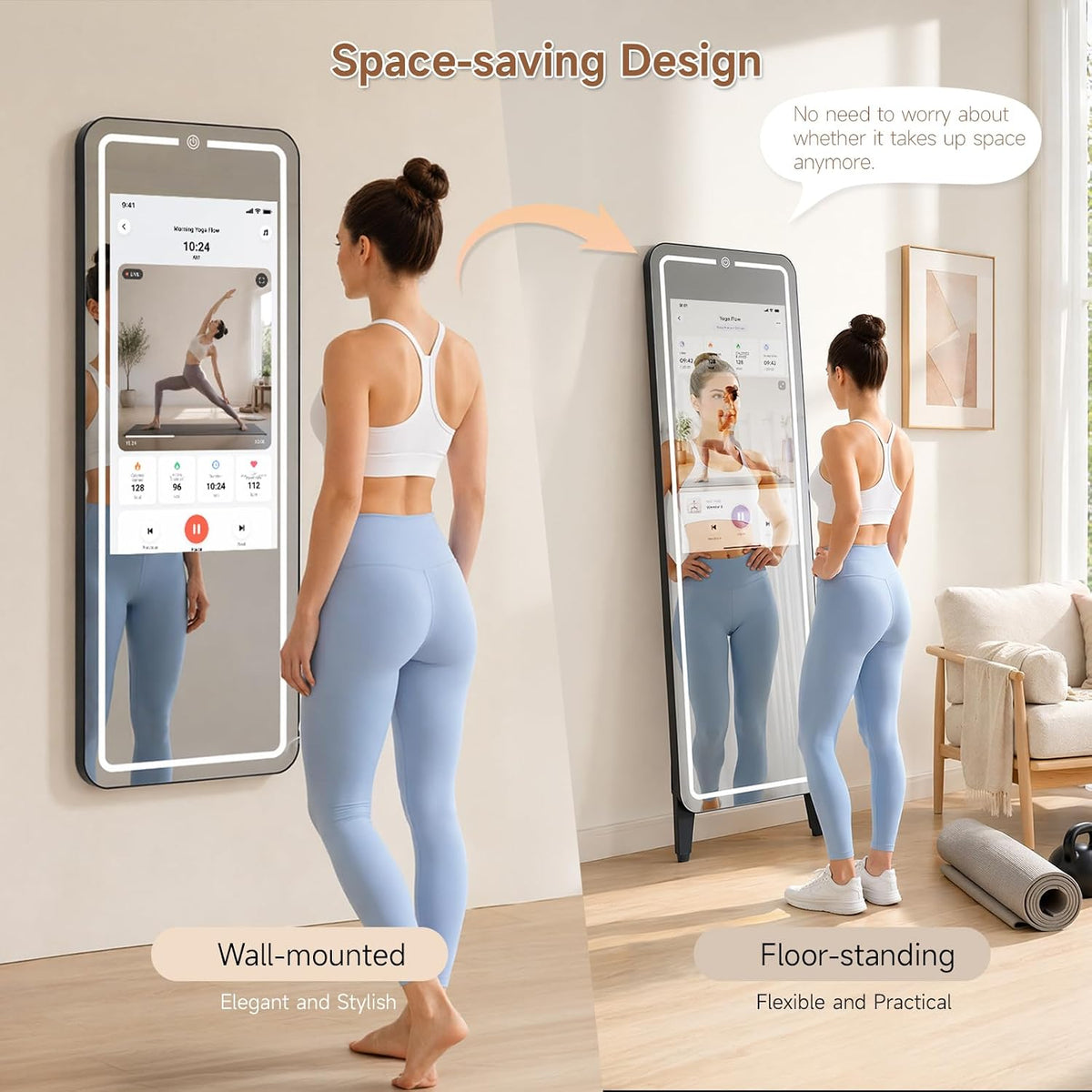 Smart Fitness Mirror for Home Gym Workout, 32" Touchscreen & Open System, No Subscription Fees, Support Fitness Apps, Wall Mount & Free Standing, Can Be Used with Home Workout Equipment