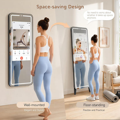Smart Fitness Mirror for Home Gym Workout, 32" Touchscreen & Open System, No Subscription Fees, Support Fitness Apps, Wall Mount & Free Standing, Can Be Used with Home Workout Equipment