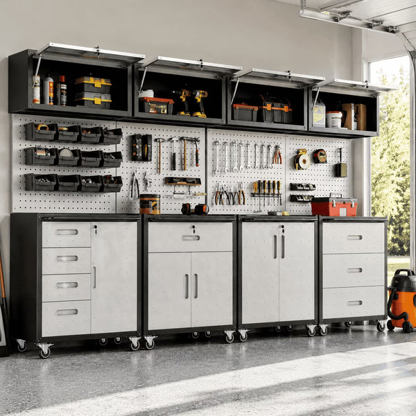 Heavy-Duty 8-Piece Garage Storage System with Workbench &amp; Lockable Steel Cabinets