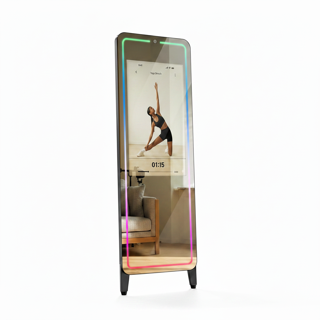 Smart Gym Mirror for Home Workouts, 32" HD Touchscreen with Android OS, 63" Full-Length Mirror, No Subscription Required, Fitness App Support, Voice Control & Music Sync LED Light Strip
